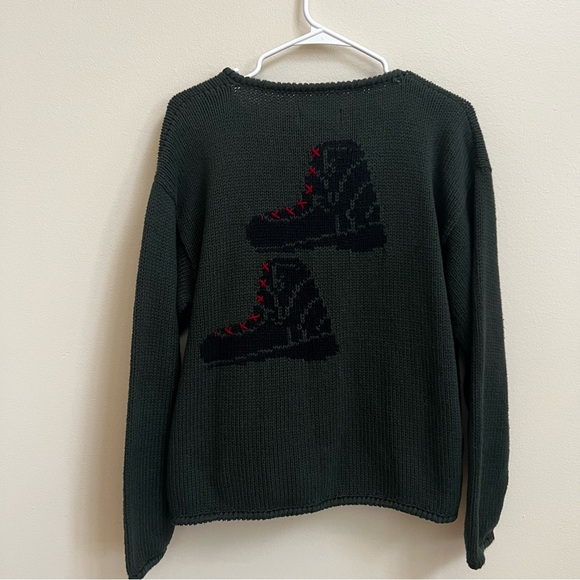80s EARLY WINTERS Heavy Cotton Ski Poles Boot Knit Cardigan Sweater Green size M - Picture 3 of 5